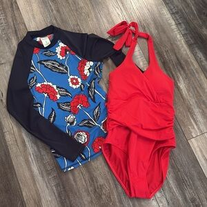 Boden ruched red halter swimsuit and matching rashguard size 6